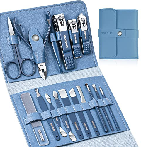 Manicure Set, Sumwitum Nail Care Kit, 16 PCS Nail Clippers Pedicure Kit, Stainless Steel Professional Nail Clipper Set with Leather for Women/Men/Friends and Parents Gifts (Blue)
