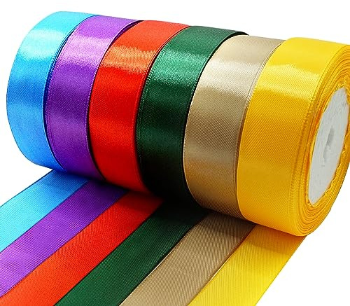 Coloured Satin Ribbons 25mm - 6 Rolls, 132m/144 Yards - Red, Green, Gold, Blue, Yellow, Purple - Wide Florist & Cake Ribbons