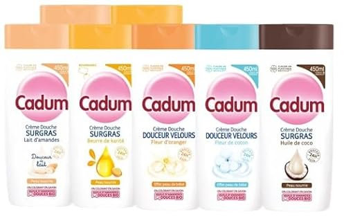 CADUM - Lot de 7 gels douche, Karité, Fleur d'oranger, Amande, Coco et Coton, 7x450ml