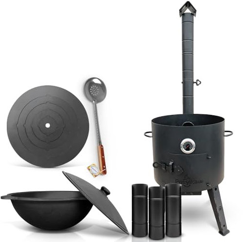 Horno de 44 cm de diámetro, placa de cocina de 48 cm de diámetro, diámetro de 46,5 cm (16 L), con termómetro de suelo redondo, alargador de chimenea, espumadera de 48 cm (set – 566)