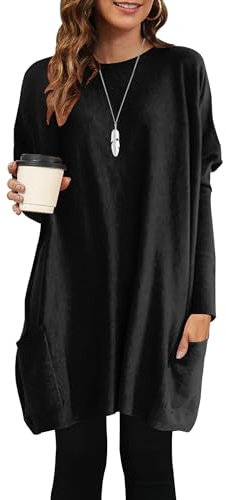 AUSELILY Longpullover für Damen Langarmshirt Lang Oversized Rundhalsausschnitt T-Shirts Sweashirt Tunika Damen Pulli Long-Shirt Kleid mit Taschen Schwarz L