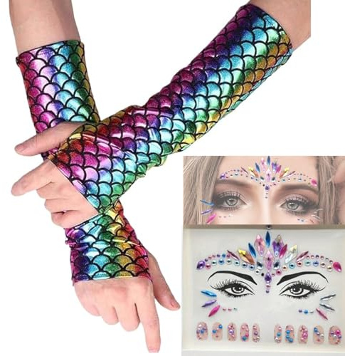 Amazleer Metallic Scale Gloves Fish Scale Fingerless Gloves Party Costume Accessories for Women with Face Jewels Stickers