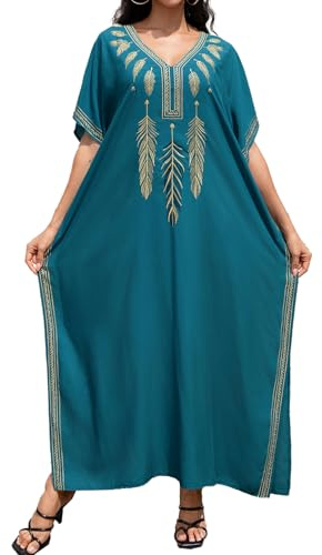 LikeJump Femmes Kimono Caftan Long Embroidered Maxi Kimono Peignoir de Chambre Ample Robes de Maison Grande Taille, a vert, Taille unique