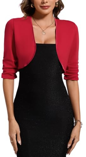 MINTLIMIT Crop Cardigans for Women Open Front Bolero Shrugs 3/4 Sleeve Lightweight (Red S)