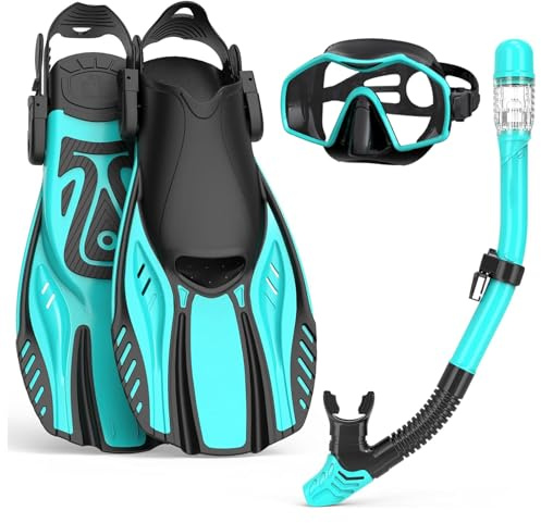 Set da snorkeling per adulti con pinne, maschera da snorkeling e pinne da nuoto, ampia vista, maschera per snorkeling a secco, anti-appannamento, anti-perdite, attrezzatura per snorkeling per uomini e