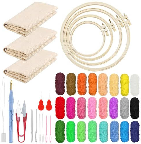 Woohome Punch Needle Kit, Kit per Ricamo con Ago da Punzonatura, Punch Needle Panno, Filato di Colore e Punch Needle Strumenti per Adulti, Principianti (18 Pz Kit di Avviamento)