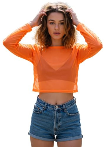STAR FASHION Sheer Mesh Crop Top for Womens Stretchy Cropped Mesh Top Long Sleeve Crew Neck Ladies See Through Tops Clubwear Neon Orange 8-10