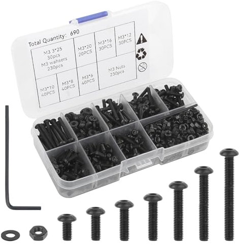 KILDOWS 690 Pièces M3 Vis Boulons Écrous et Rondelles Kit, M3 Vis Boulon et Écrou Noir Vis à Tête Hexagonale Intérieure Vis à Six Pans Rondelles Assortiment Kit avec Clé et Boîte de Rangement