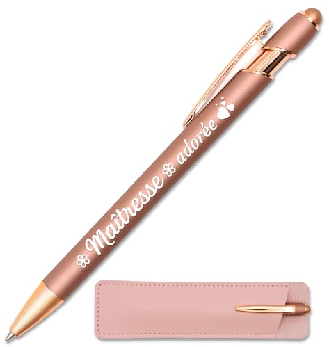 StarMaker Stylo gravé Maîtresse adorée rose gold avec étui cuir - Idée cadeau merci maitresse original, fin d'année scolaire - Stylo en métal tactile 2 en 1