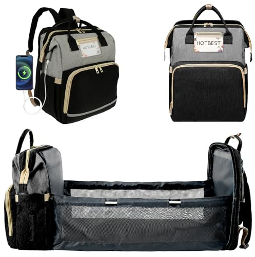 PEIZHIYC Baby Wickelrucksack mit Bett, 40x30x22cm Wickeltasche Rucksack mit Multifunktionale Taschen Isolierten Flaschenhaltern Wasserdicht Faltbar Wickeltasche für Mama Papa (Schwarzgrau, M)