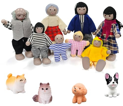 Ruikdly Casa de muñecas - Juego de 13 piezas de madera para familia con gato y perro, figuras flexibles, casa de muñecas, juego para accesorios, regalo