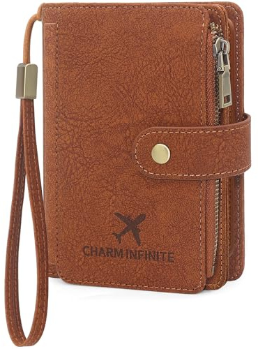 GOUNNU Funda Pasaporte Porta Pasaporte con Bloqueo RFID Cuero de PU Botón a Presión Cartera de Pasaporte Familiar Porta Documentos Viaje para Tarjetas De Identificación Crédito Mujer Hombre(Marrón)