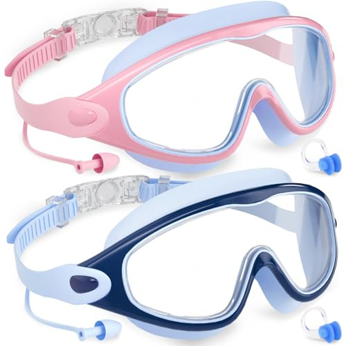 COOLOO Kids Swimming Goggles for Age 3-15, 2 Pack Anti Fog Kids Goggles | UV Protection, 180° Wide View, Waterproof, No Hair Snags, One-Piece Earplugs, Safe & Skin Friendly, for Junior Boys Girls