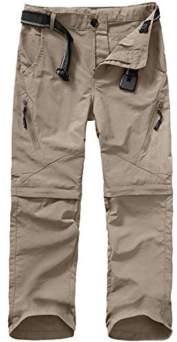 Boys Pants Kids Adjustable Waist Outdoor Quick Dry Lightweight Waterproof Pull On Casual Convertible Cargo Scout Pants #9035 Khaki-XXS（4-5）