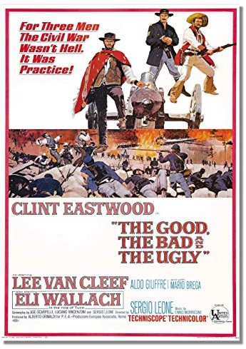 Poster pubblicitario cinematografico vintage con scritta The Good The Bad The Ugly, formato A3, senza cornice, motivo: Spaghetti epici italiani