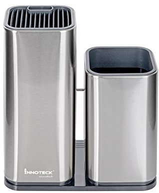 Innoteck Essentials 3in1 Stainless Steel Knife Block Plus Utensil Holder Set - Kitchen Cutlery, Utensil - Kitchen Countertop Storage Aid - Space Saving Kitchen Holder with Slots