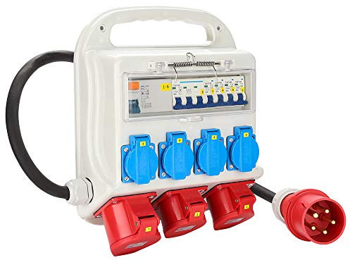 Randaco Disjoncteur FI 2 x CEE 400 V/16 A+4 x 230 V Schuko IP44 5 broches Distributeur de courant de chantier Distributeur mural avec câble Couvercle rabattable de sécurité pour chantier