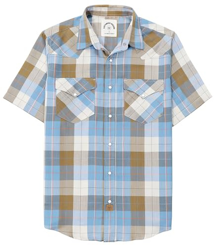 Dubinik® Bambufiber, kortärmad skjorta, herr, fritidsskjorta för män, tryckknappar, cowboy vintage, västerländsk, komfort, rutig skjorta, Khaki blå beige, XXL