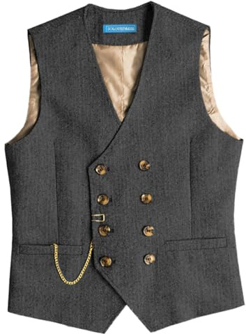 Solovedress Gilet da uomo vintage in tweed, doppiopetto, per matrimonio, Grigio, XS