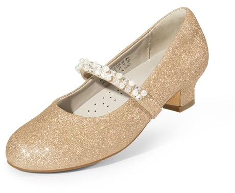 DREAM PAIRS Girls Party Shoes Low Heels for Little Big Girl Mary Jane Shoes with Pearl Rhinestones Flower Girl Pumps Princess Wedding,Size 5 Big Kid,Gold-Glitter,SDFL2403K