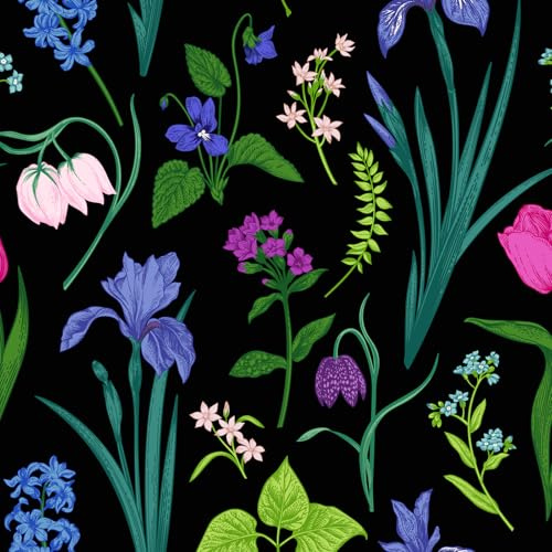 TULTOAP Papier peint autocollant Fleuri Noir Vintage Decoratif Adhesif pour Meuble Fleuri 40X300cm Armoires Murs Salon Chambre Papier Peint Autocollant (40 x 300 cm)
