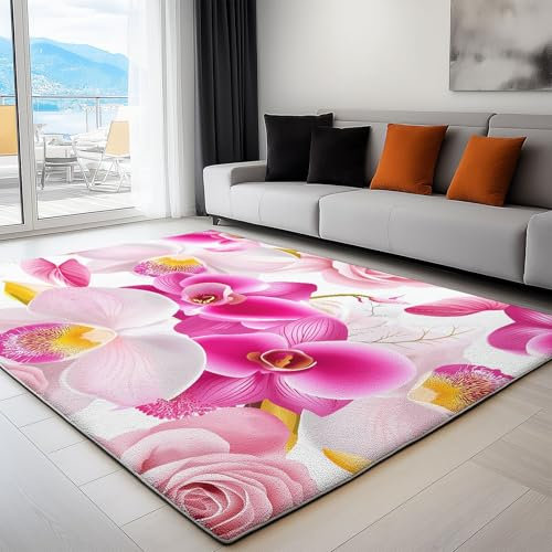Teppich Bedruckter Blumen Rosen Orchideen Muster, Teppich Weich Kurzflor Waschbar rutschfest Wohnzimmer Schlafzimmer Büro Home Modern Design 60 x 120 cm, Rosa