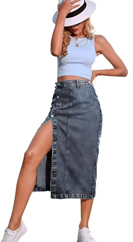 SUIUOI Dam jeanskjol, A-linje sommar jeans denim, sidoknappslå casual långa kjolar med slits, hög midja, raw fåll denimkjol – knapp jeanskjol med delad, Blå, S