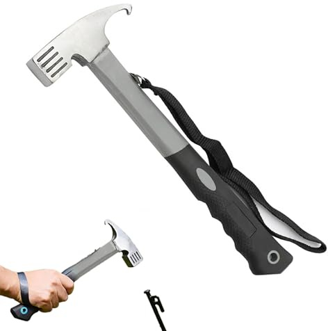 Camping Hammer with Tent Stake Remover,12 Steel Tent Hammer,Rubber Covered Handle Tent Mallet,Outdoor Multifunction Camping Mallet with Holding Strap for Camping,Fishing,Mountaineering
