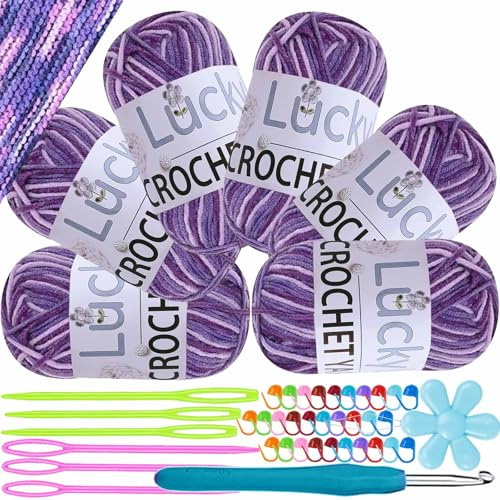 Handstickgarn, 6 x 50 g virkgarn, färgglatt färggradient akrylgarn för stickning, mjuk ull för virkning, flerfärgat garn för stickning virkning och pyssel (lila-ombre)