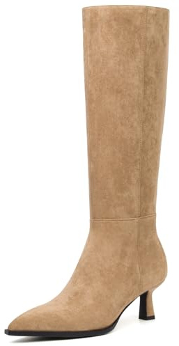 SUIARA Tan Knee High Boots Women Kitten Heel Pointed Toe Faux Suede Leather Side Zipper Comfortable Stiletto Long Tall Dress Boots