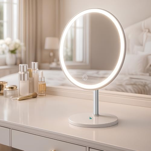 BEPER P302VIS051 Specchio Trucco LED con Luce Dimmerabile, Specchio Make Up con 3 Modalità Luce, Touch, Ricaricabile USB-C, Inclinazione 90°, Base Stabile