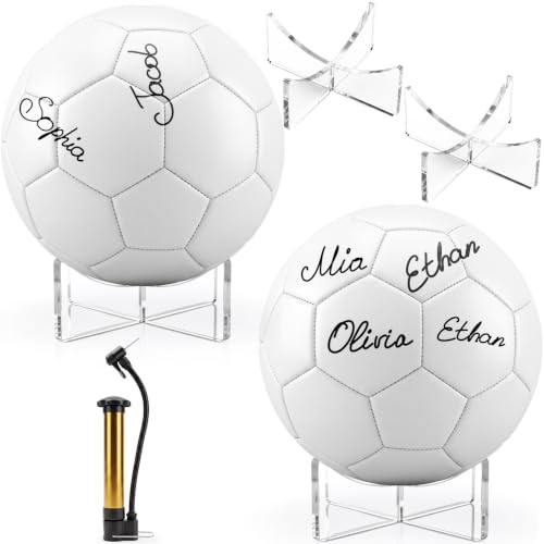 Jexine 5 Pcs Autograph Official Size White with Display Stand Air Pump DIY Painting Ball for Game Gym Training Outdoor Beach Pool Play