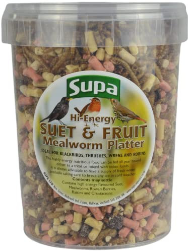 Supa Dried Mealworms, Hi-Energy Suet Pellets & Fruit Mix for Wild Birds, 1 Litre Bucket, High Energy Protein Rich Treat For Garden Birds, Attract More Birds To Your Garden, Quality Wild Bird Food.