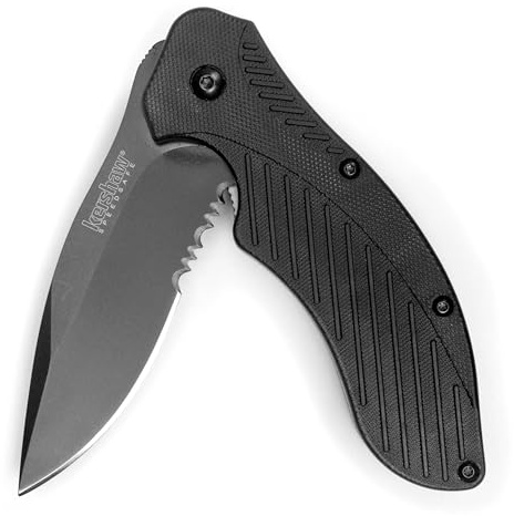 Kershaw Clash Black Serrated Pocketknife, 3 8Cr13MoV Steel Drop Point Blade, Assisted One-Handed Flipper Opening, Folding Utility EDC