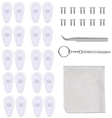 Dokpav Kit de Reparación de Gafas, 10 Pares Almohadillas de Nariz para Gafas Silicona, Almohadillas de Nariz de Cámara de Aire, con Tornillos Pinzas y Paño de Limpieza