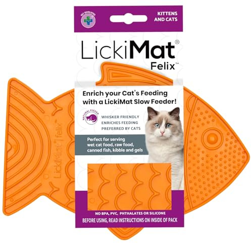LICKIMAT Felix, Fish-Shaped Cat Slow Feeders for Feline Boredom and Anxiety Reduction; Perfect for Food, Treats and Anxiety Reduction, Orange