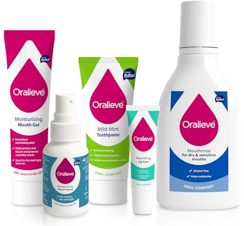 Oralieve Dry Mouth Relief Starter Kit (Includes Moisturising Dry Mouth Gel 50ml, Moisturising Spray 50ml, Ultra Mild Toothpaste 75ml, Alcohol-Free Mouthwash 500ml & Nourishing Lip Care 10ml)