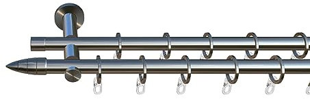 tilldekor Gardinenstange nach Maß, Menorca, 2-lauf, Edelstahl-Optik 20 mm Durchmesser, Wunschmaßlänge 260 cm inkl. Trägern,Endstücken, Ringen und Faltenlegehaken