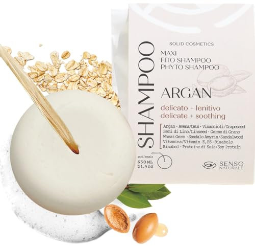Senso Naturale Festes Shampoo mit Beruhigendem und Sanftem Arganöl für Häufiges Waschen bei Empfindlicher Kopfhaut, 100% Natürlich, Biologisch, Vegan
