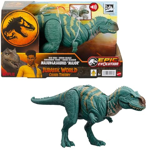 Mattel Jurassic World: Teoría del Dinocaos Netflix - Majungasaurus Rugido Salvaje, Figura de acción de dinosaurio de juguete que emite sonidos, serie Epic Evolution, +4 años, HTK76