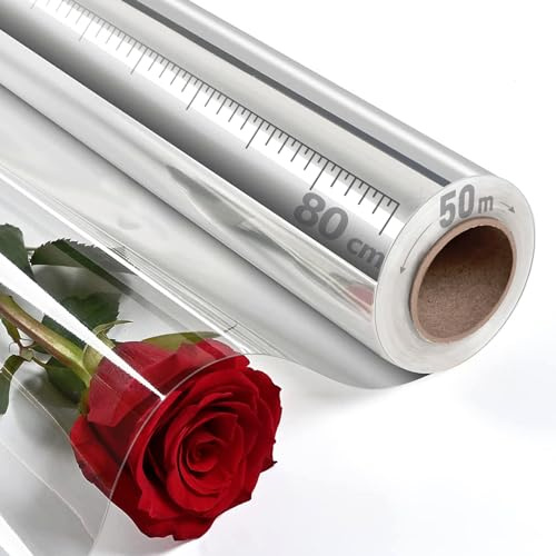 Rollo de Celofan Transparente 80cm x 50m para Envolver Flores, Cestas y Regalos, Polipropileno Transparente con Grosor 35 micras (80cm*50m)