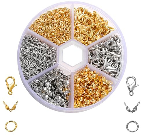 570 Pcs Armband Verschlüsse Set,Perlen Verschlüsse,Verschlüsse für Armbänder,Kettenverschluss,Biegeringe Karabinerverschluss und Crimpenden,Schmuckverschlüsse,für DIY Schmuck Basteln-Gold+Silber