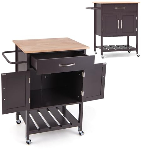 KOMFOTTEU Carrello da cucina, 1 cassetti e 1 armadio con porta, carrello da servizio con piano di lavoro in legno massello, carrello con ruote, piano inferiore, 73 x 48 x 90 cm (marrone)