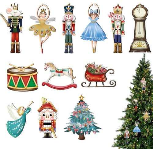 Pcingsia Adornos de árbol de Cascanueces – 12 Decoraciones Colgantes de Madera para árbol de Navidad – Colgante Colgante para Coche, decoración navideña para el hogar