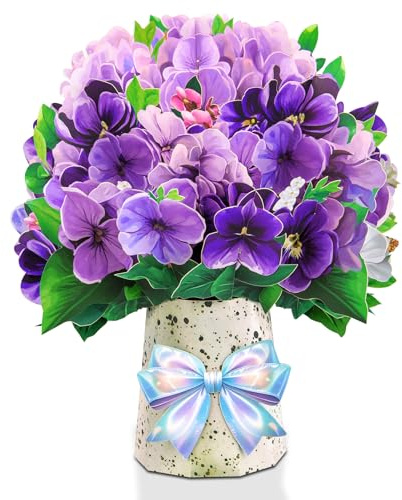 DLYMXGC Violet Big Pop Up 13 inch Paper Flower Bouquet Greeting Cards with Blank Note & Envelope, ideal gift for celebrating Love, Holiday, Birthday, Anniversary, Mother's Day, Housewarming