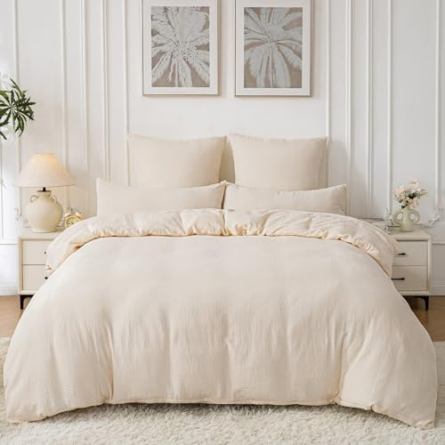 SOULFUL Doppelte Muslin Bettwäsche 135x200 4 Teilig Baumwolle, Bettwäsche-Sets 2er Set Bettbezug mit 2 Kissenbezüge 80x80 cm, ÖKO-TEX Bettwäsche Hellbeige mit Reißverschluss