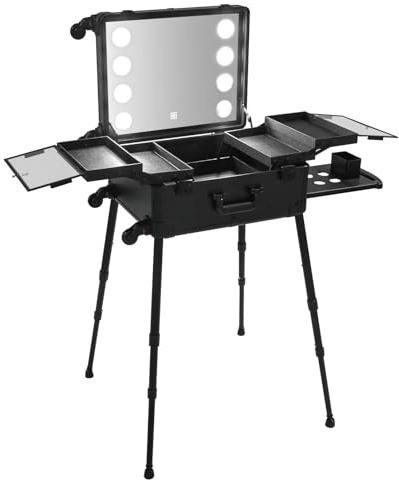 Loobiiny Maletín Maquillaje Profesional con Ruedas LED Espejo 45×35 cm 4 Compartimentos 3 Colores luz Altura Regulable 39-85 cm Maleta Estuche manicura organización de cosméticos