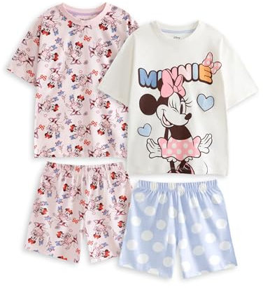 Disney Minnie Mouse Girls Pink & Blue Short Sleeve Pyjama Set | Multi-Pack of 2 Short Leg Sleepwear | Polkadot & Character Print Loungewear Merch - 2-3 Years