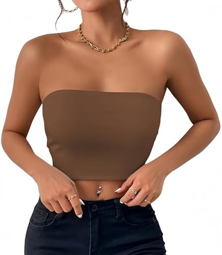 Sukiglam Bandeau topp damer basic ärmlös axellös tubtopp sommar casual slim fit stretchiga axelbandslösa crop toppar Y2k sexig rygglös skjorta dubbelt fodrade toppar, Ljusbrun, XS