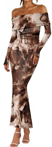LILLUSORY Wedding Guest Off The Shoulder Holiday Dresses for Women 2026 Spring Fall Winter Bodycon Floral Long Sleeve Maxi Cocktail Going Out Party Formal Dresses Coffee M
